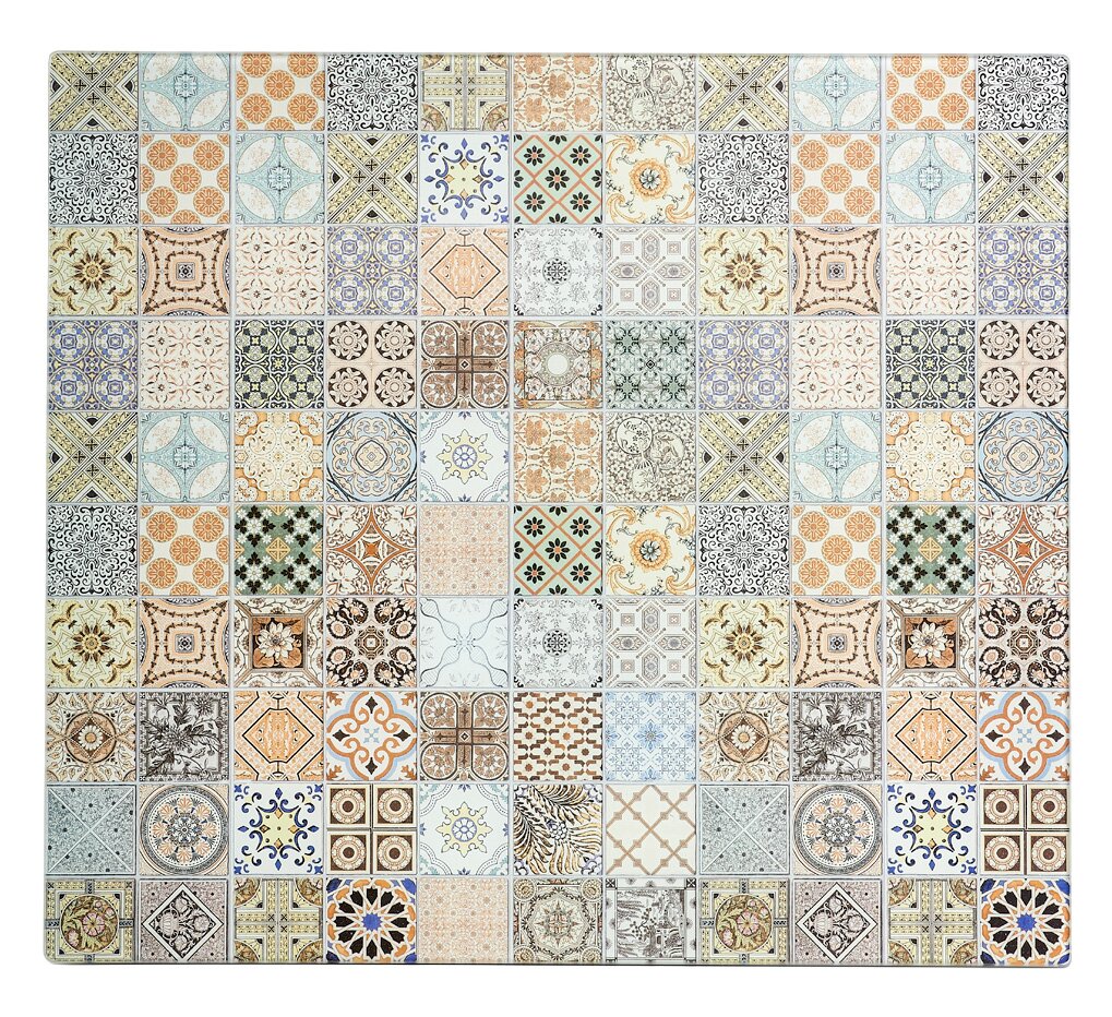 Bunte Herdblende mit Mosaikmuster aus verschiedenen geometrischen und floralen Designs, Draufsicht.
