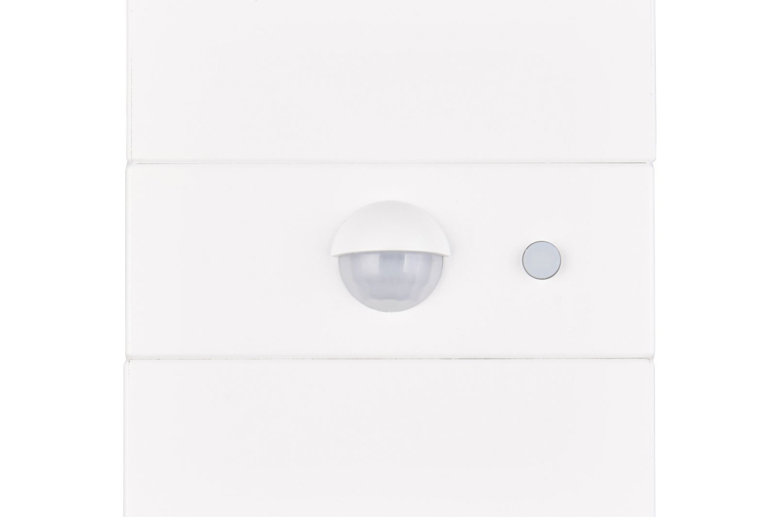 Frontansicht einer weißen LED-Solar-Außenwandleuchte mit Bewegungssensor und Schalter.