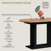 Schrägansicht von oben auf einen modernen Esstisch mit melaminharzbeschichteter Tischplatte in Holzoptik und schwarzem Mittelfuß; robuste, kratzfeste, wasserabweisende und leicht zu reinigende Oberfläche, Platz für bis zu 8 Personen, Höhe bis Tischunterka