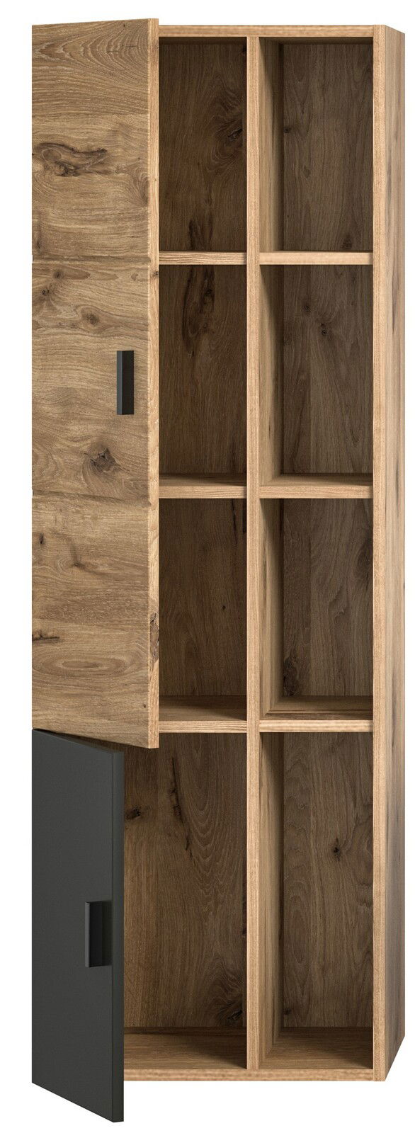 Holzfarbener Midischrank mit offenen und geschlossenen Fächern, Frontansicht