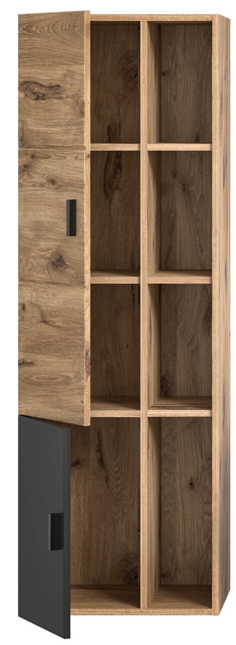 Holzfarbener Midischrank mit offenen und geschlossenen Fächern, Frontansicht