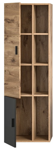 Holzfarbener Midischrank mit offenen und geschlossenen Fächern, Frontansicht