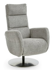 Grauer Relaxsessel mit hohem Rücken und drehbarem Metallfuß, seitliche Perspektive