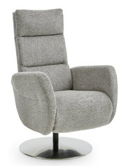 Grijze relaxfauteuil met hoge rugleuning en draaibare metalen voet, zijaanzicht