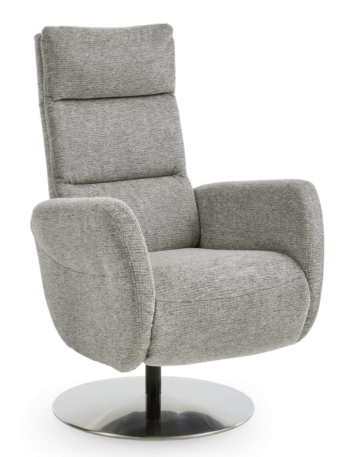 Grijze relaxfauteuil met hoge rugleuning en draaibare metalen voet, zijaanzicht