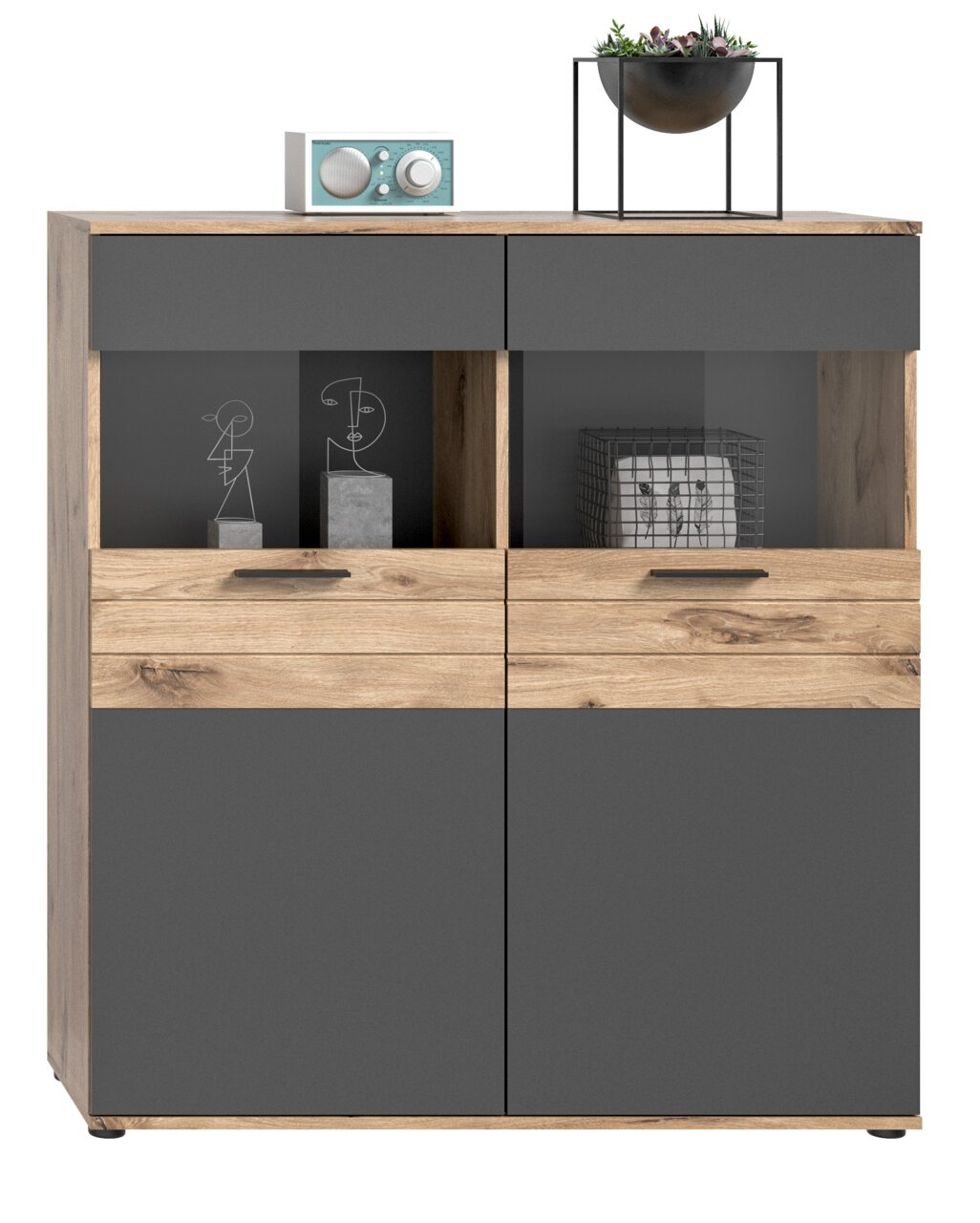 Vitrine aus Holz und grauem Material mit zwei Glastüren, dekoriert mit modernen Accessoires, Frontalansicht