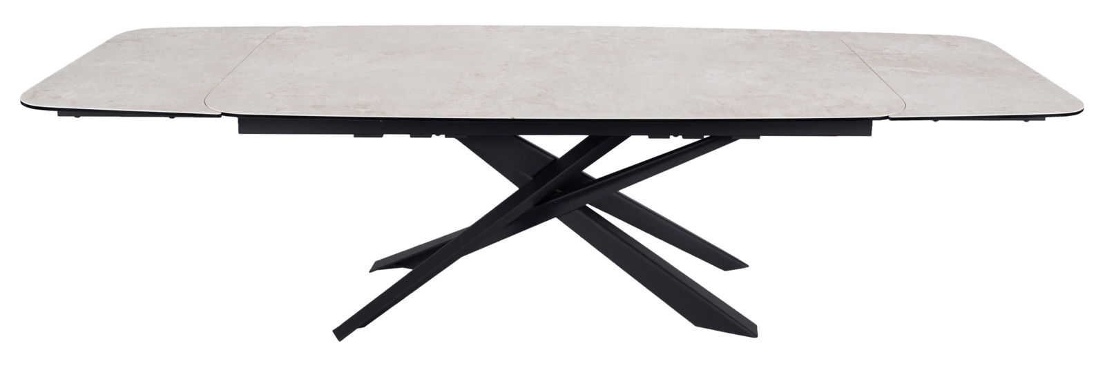 Moderner Esstisch mit heller Tischplatte und schwarzem, gekreuztem Metallgestell, seitliche Perspektive