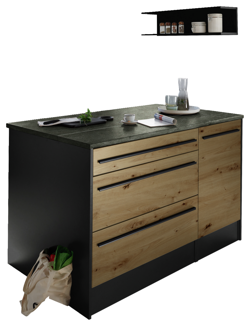 Smartkitchen Kücheninsel JAZZ Moderne Kücheninsel mit Holzfronten und schwarzer Arbeitsplatte, seitliche Perspektive