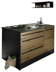 Moderne Kücheninsel mit Holzfronten und schwarzer Arbeitsplatte, seitliche Perspektive