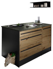 Moderne Kücheninsel mit Holzfronten und schwarzer Arbeitsplatte, seitliche Perspektive