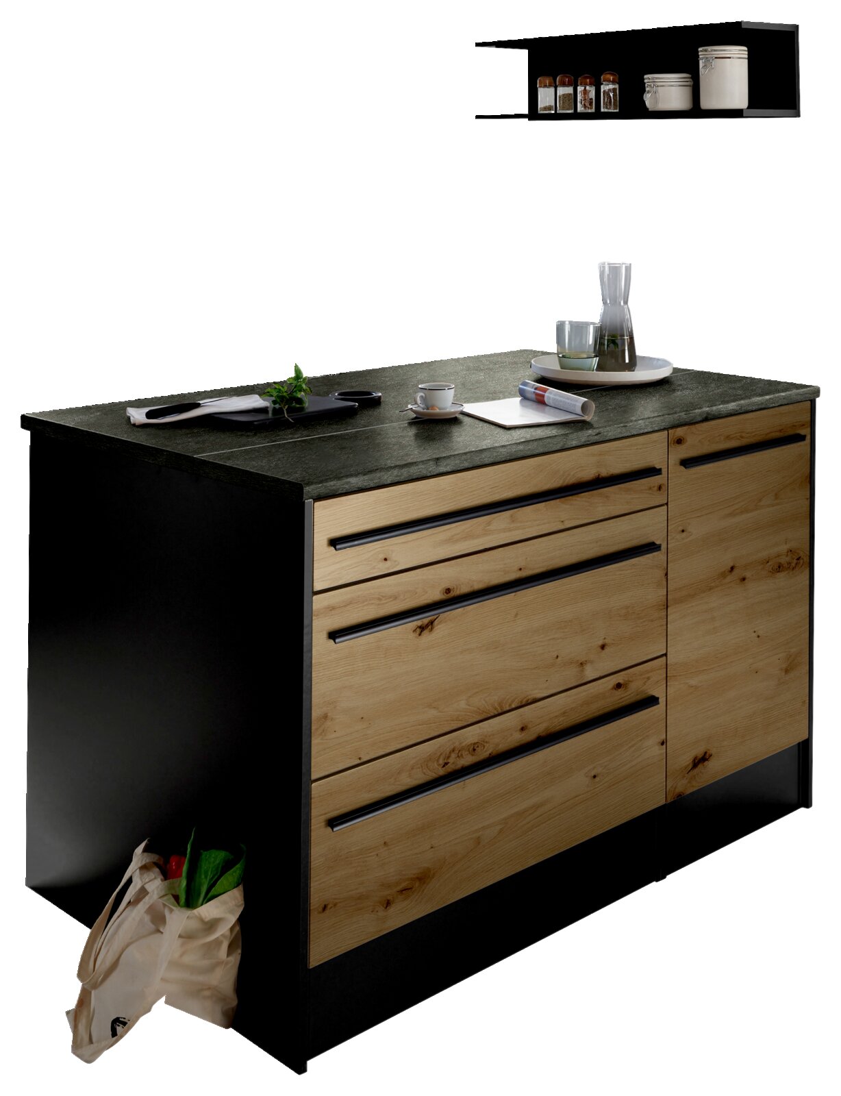 Moderne Kücheninsel mit Holzfronten und schwarzer Arbeitsplatte, seitliche Perspektive