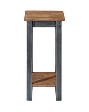 Blumensäule aus Holz mit grauen Beinen und brauner Ablagefläche, frontal betrachtet.