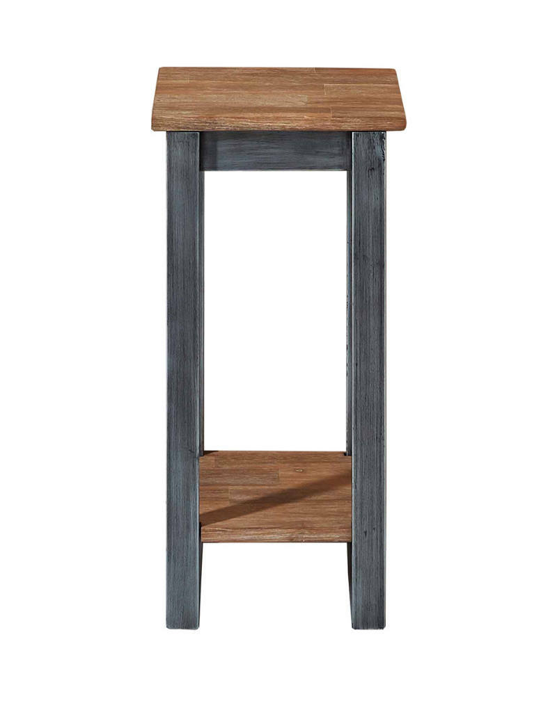 Blumensäule aus Holz mit grauen Beinen und brauner Ablagefläche, frontal betrachtet.