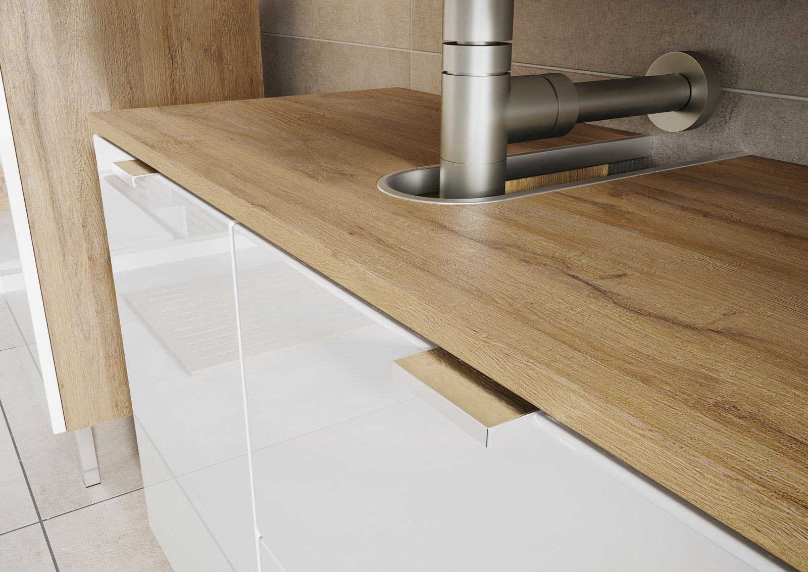 Nahaufnahme eines Unterschranks mit Holzarbeitsplatte und Edelstahlarmatur, seitliche Perspektive
