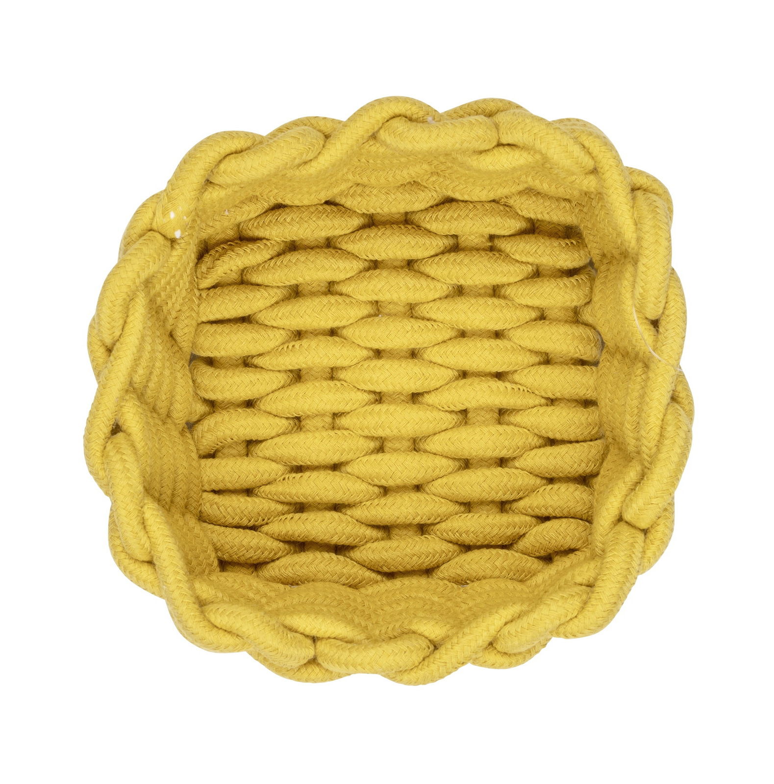 Runder, senfgelber Badkorb aus geflochtenem Material, von oben betrachtet.
