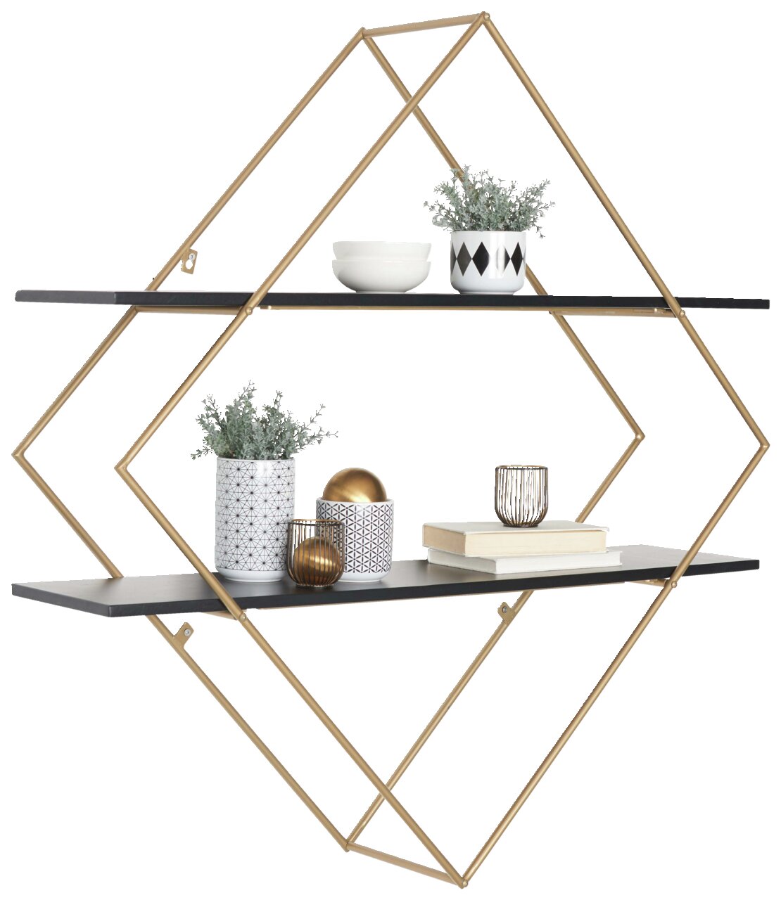Modernes Wandregal mit geometrischem Metallrahmen in Gold und zwei schwarzen Regalböden, dekoriert mit Pflanzen, Schalen und Büchern, seitliche Perspektive.