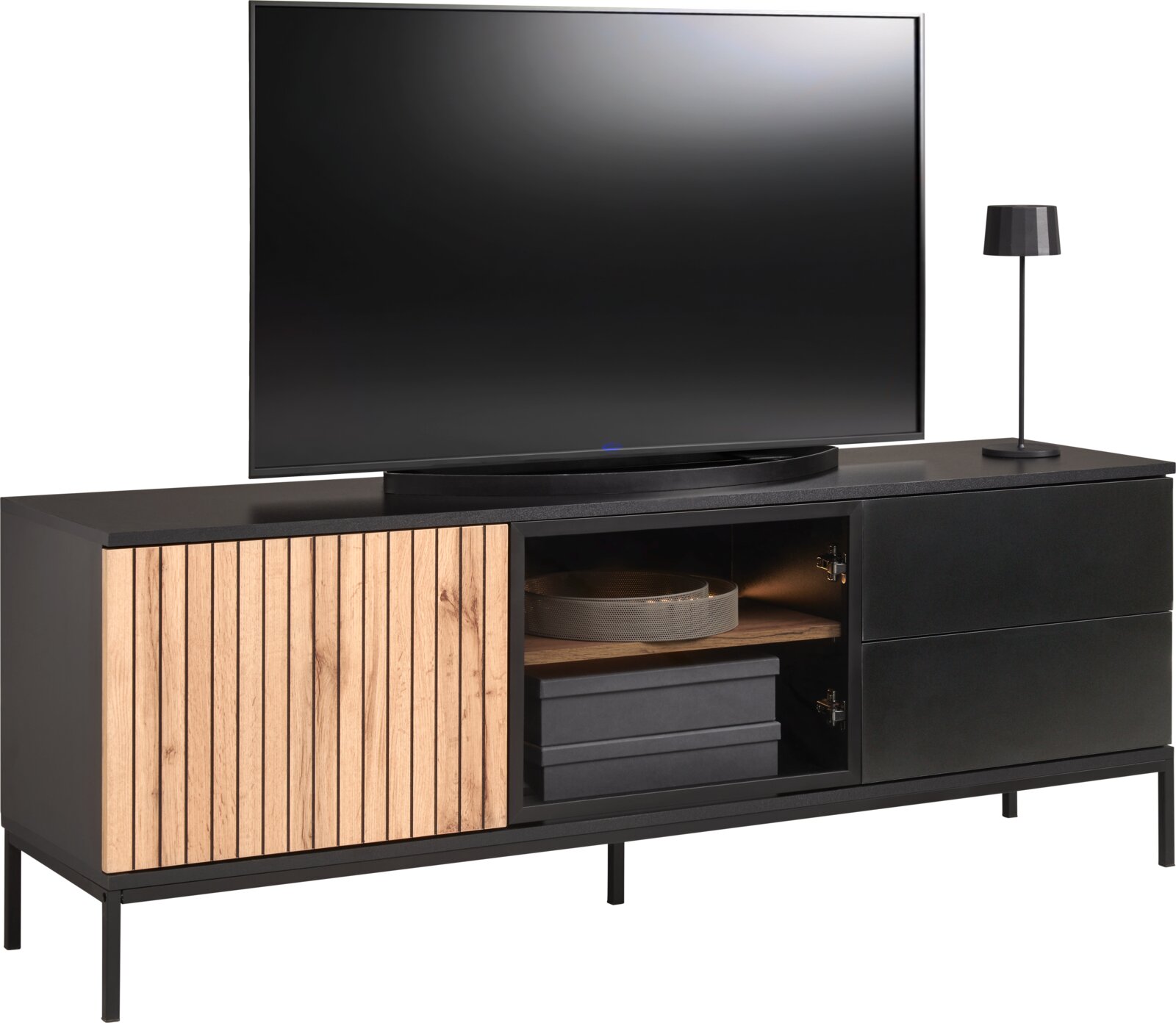 Modernes TV-Lowboard mit Holz- und Metallelementen, seitliche Perspektive