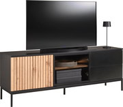 Modernes TV-Lowboard mit Holz- und Metallelementen, seitliche Perspektive