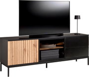 Modernes TV-Lowboard mit Holz- und Metallelementen, seitliche Perspektive