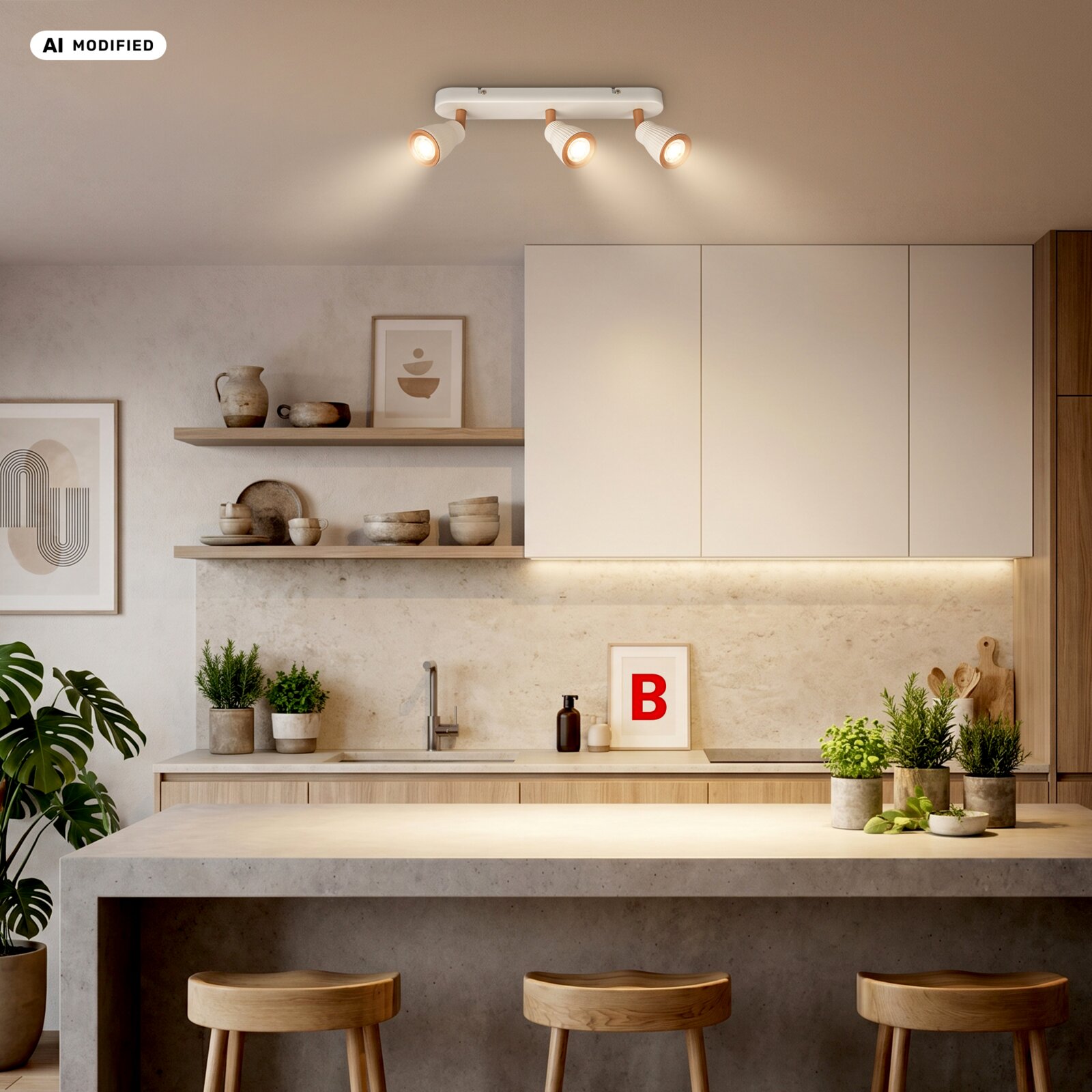 Briloner LED-Spot RIFF Weiße Deckenleuchte mit drei verstellbaren Spotlights, eingeschaltet, in moderner Küche – Frontansicht leicht von unten.