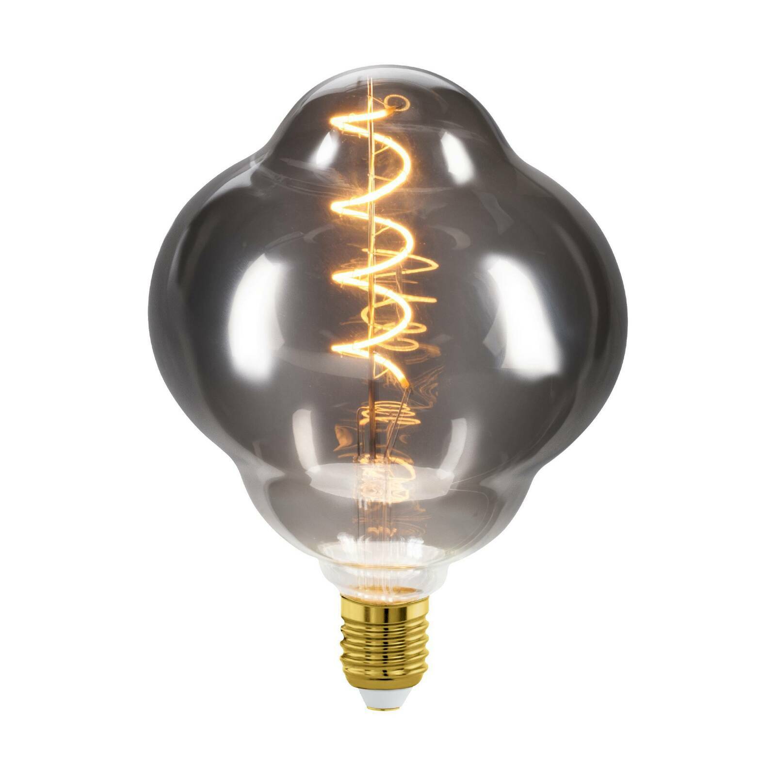 Glühbirne mit dekorativem, spiralförmigem Leuchtfaden und rauchgrauem Glas, seitliche Perspektive