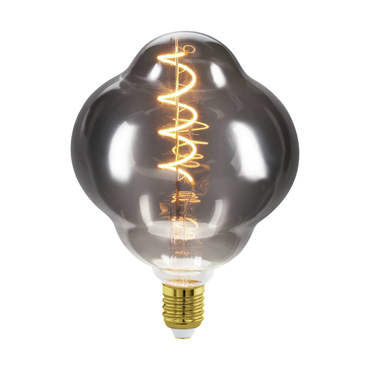 Eglo Leuchten Leuchtmittel Glühbirne mit dekorativem, spiralförmigem Leuchtfaden und rauchgrauem Glas, seitliche Perspektive
