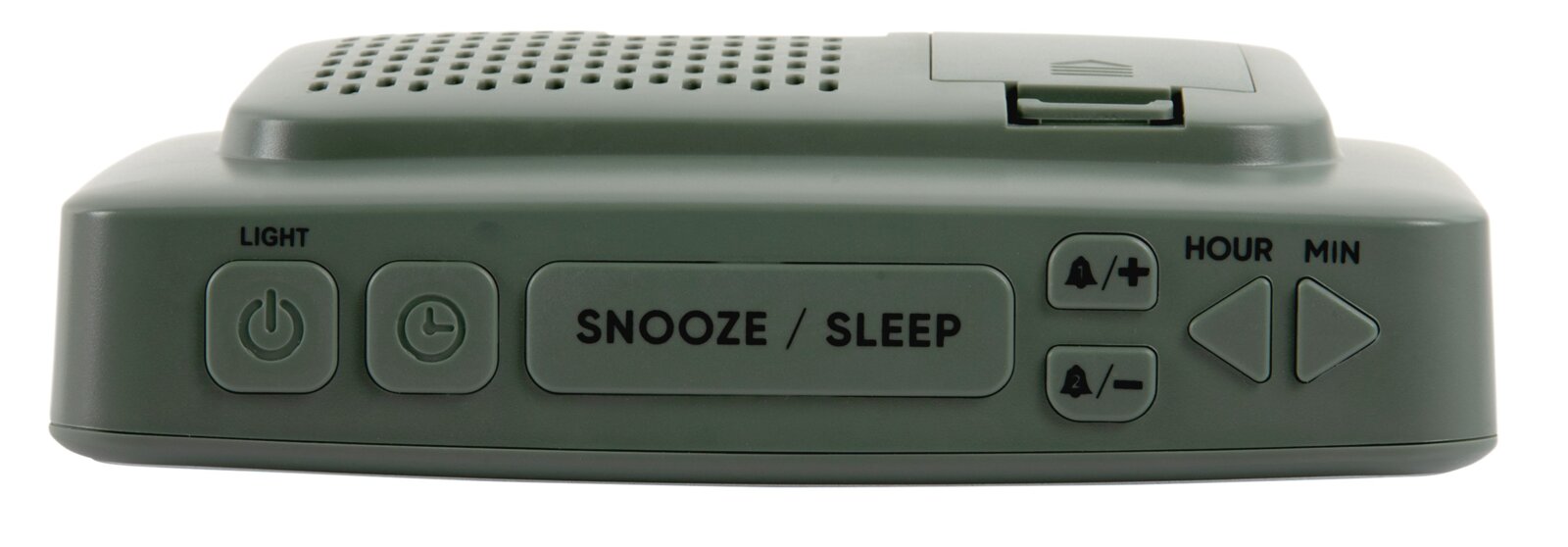 Frontansicht eines digitalen Weckers mit mehreren Tasten, darunter Licht, Snooze/Sleep, Stunden- und Minuten-Einstellung.