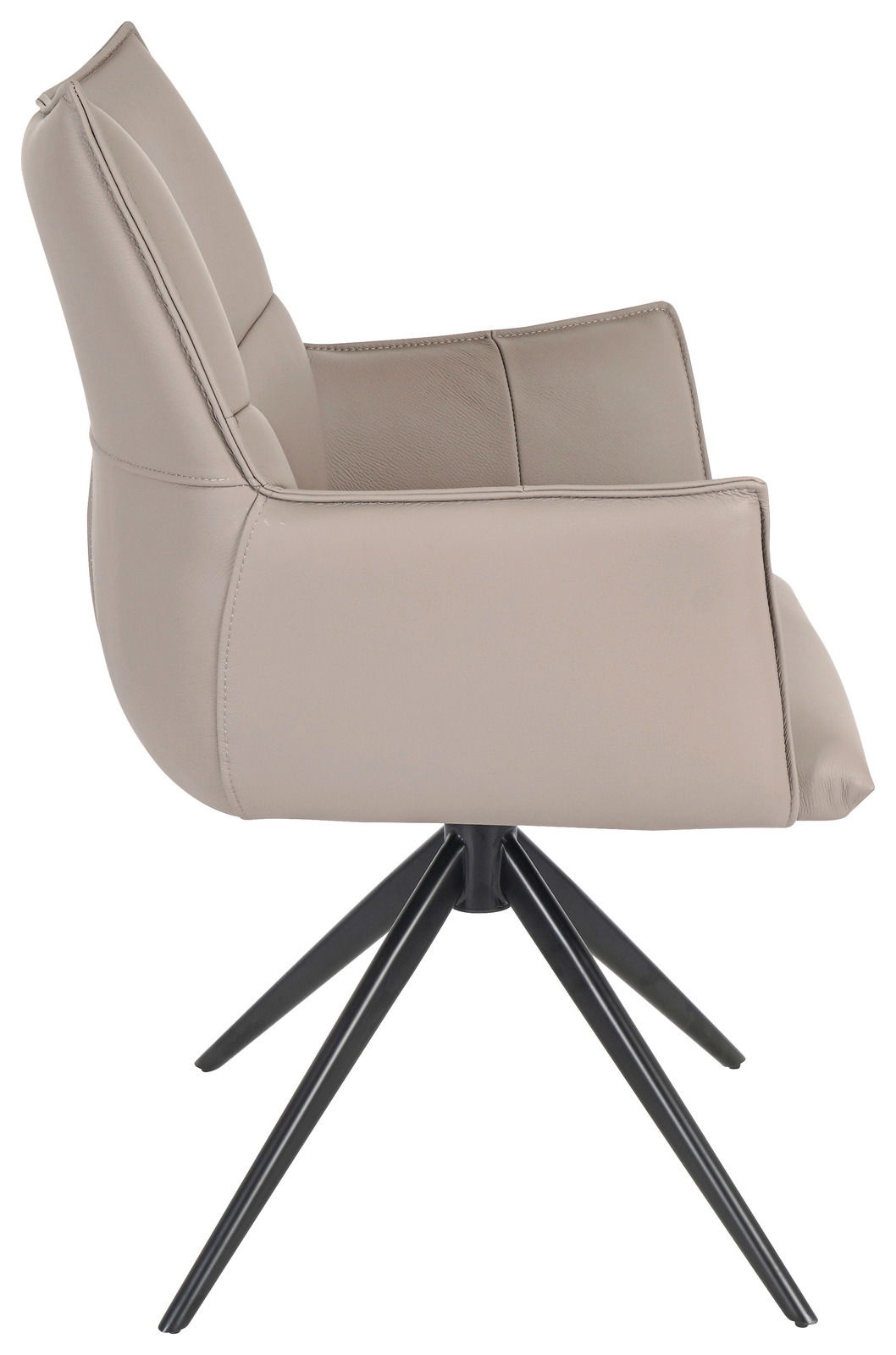 Seitenansicht eines beigen Armlehnstuhls mit schwarzem Metallgestell, Modell MIAMI.