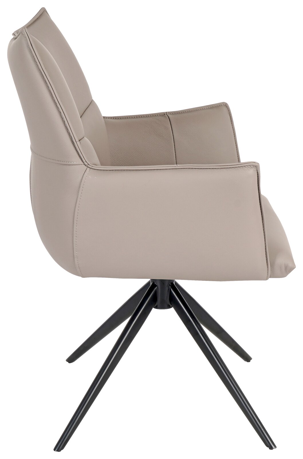 Seitenansicht eines beigen Armlehnstuhls mit schwarzem Metallgestell, Modell MIAMI.