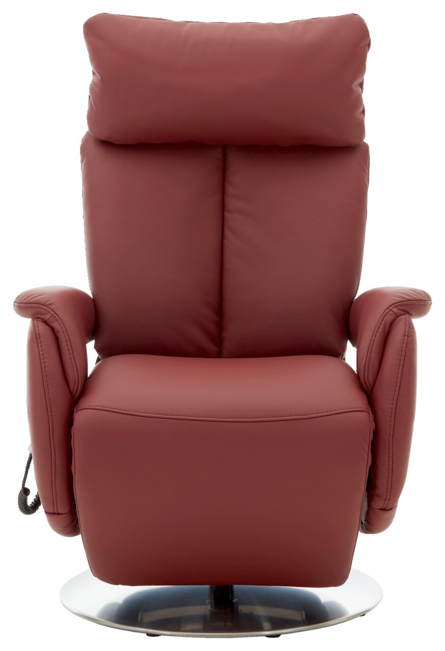 Rode leren tv-fauteuil, van voren gefotografeerd, met gestoffeerde armleuningen en een verstelbare rugleuning.