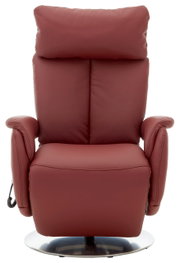 Rode leren tv-fauteuil, van voren gefotografeerd, met gestoffeerde armleuningen en een verstelbare rugleuning.