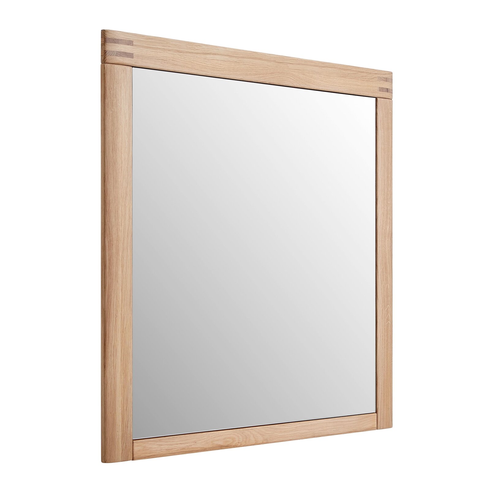 Moderner rechteckiger Spiegel mit Holzrahmen, seitliche Perspektive