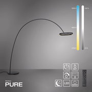 Moderne LED-Bogenleuchte in seitlicher Perspektive mit einstellbarer Farbtemperatur und Fernbedienung.