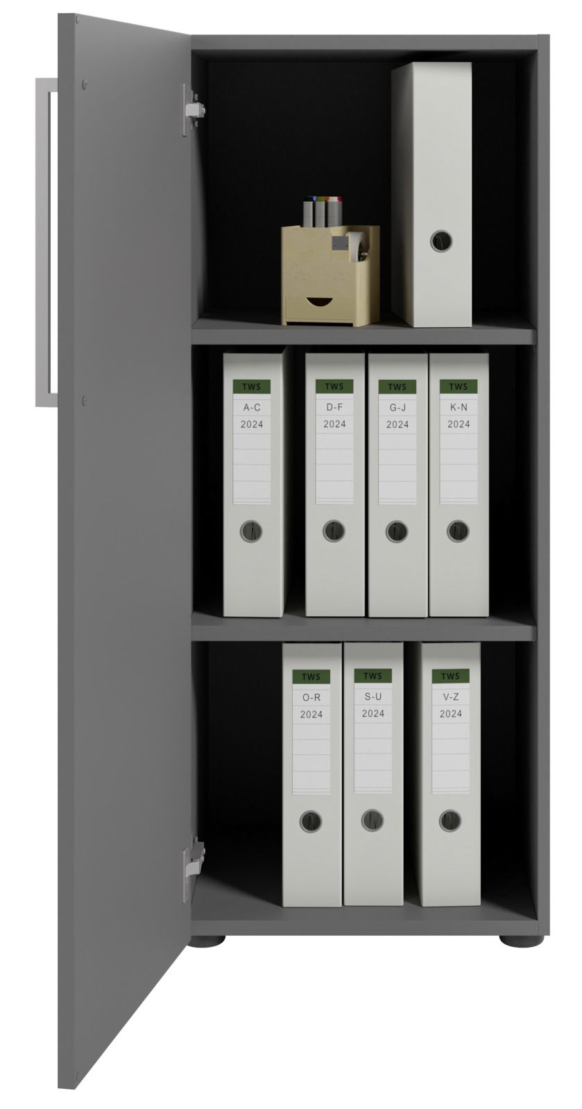 Grauer Aktenschrank mit geöffneter Tür, gefüllt mit Ordnern und einem Stiftehalter, Frontalansicht