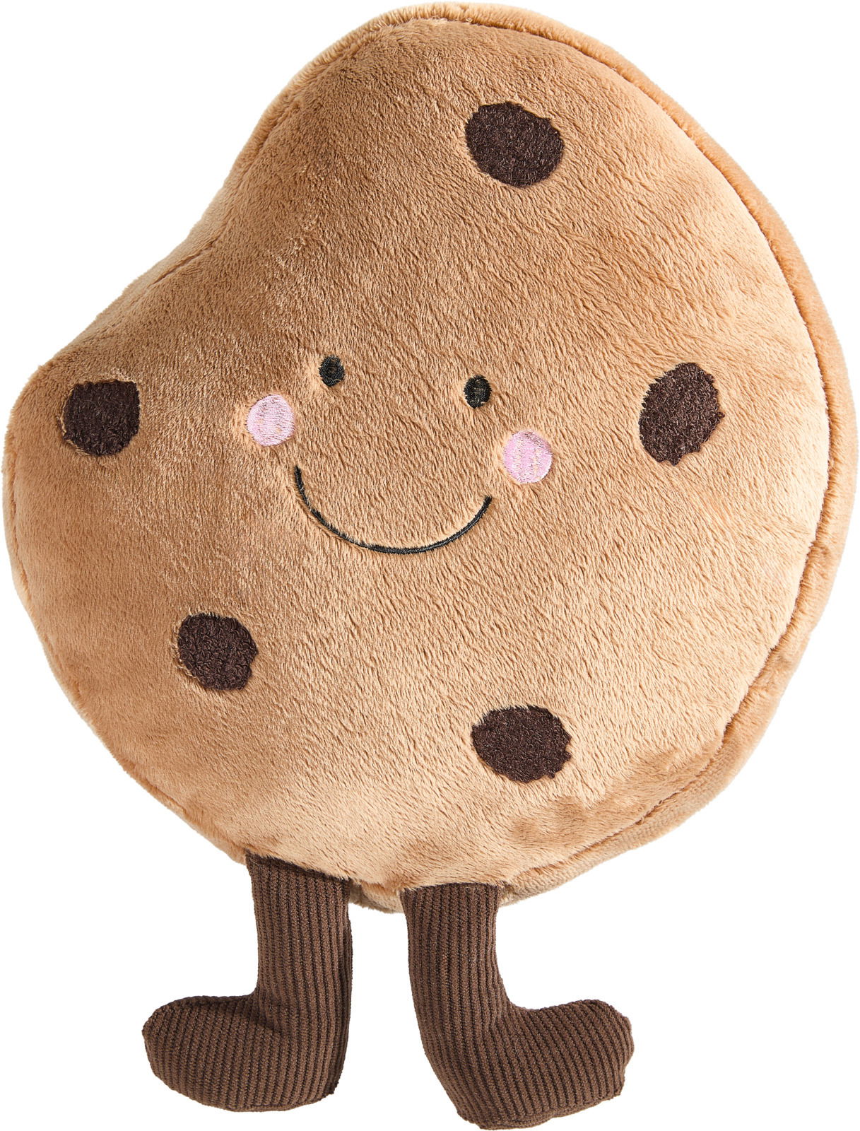 Novel Zierkissen Plüschkissen in Form eines lächelnden Kekses mit Schokoladenstückchen und Beinen, Frontalansicht