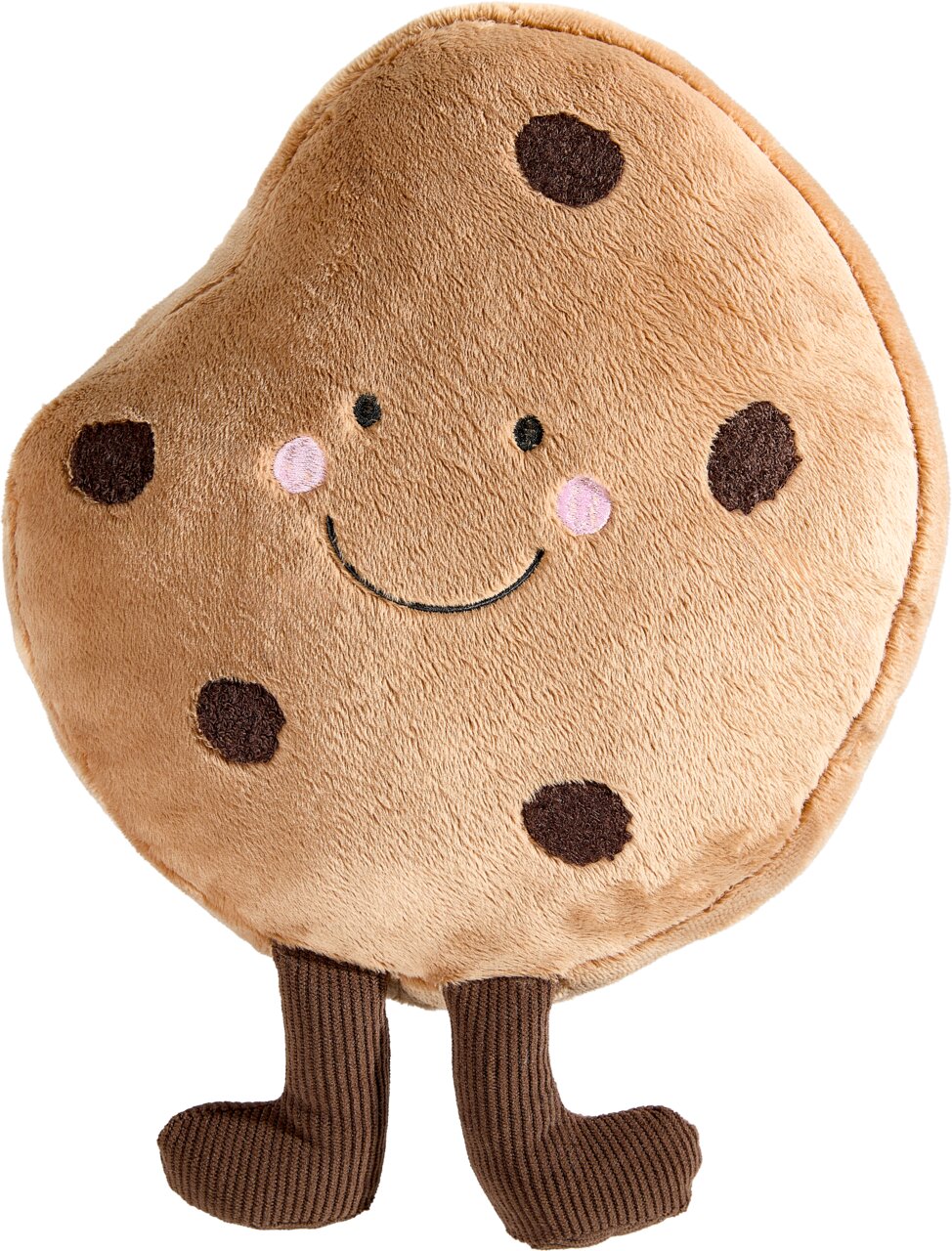 Knuffelkussen in de vorm van een lachend koekje met stukjes chocolade en pootjes, vooraanzicht