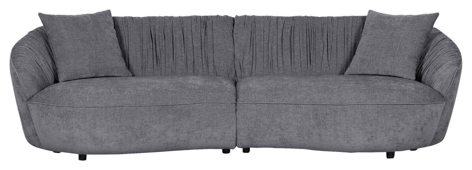 Graues, rundes Megasofa mit zwei Kissen, frontal betrachtet.