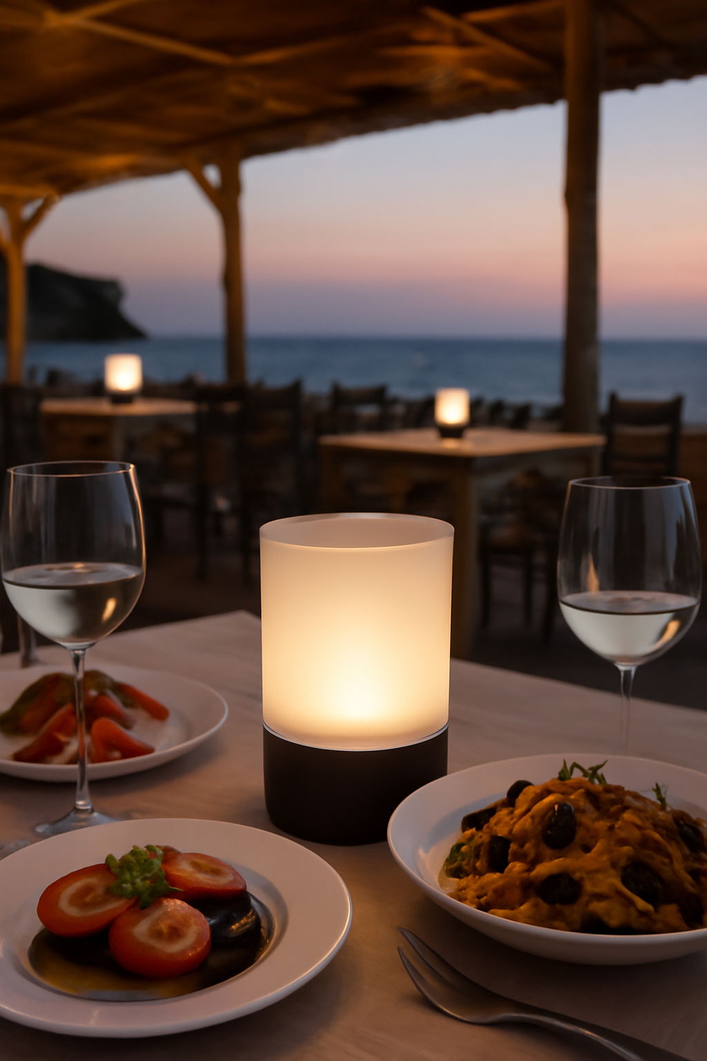 Akku-Windlicht auf einem Tisch bei Sonnenuntergang mit Meerblick, umgeben von Tellern mit Essen und Weingläsern, aus der Perspektive eines Gastes.