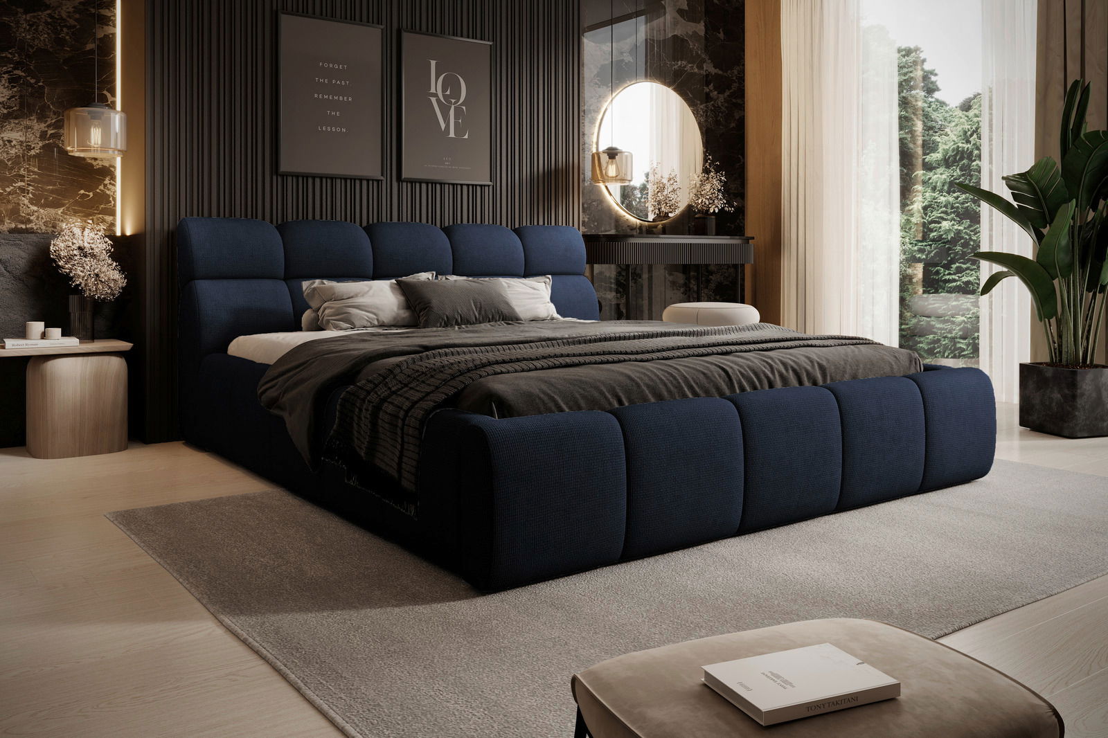 Modernes Polsterbett in einem stilvollen Schlafzimmer, seitliche Perspektive mit eleganter Dekoration und natürlichem Licht.