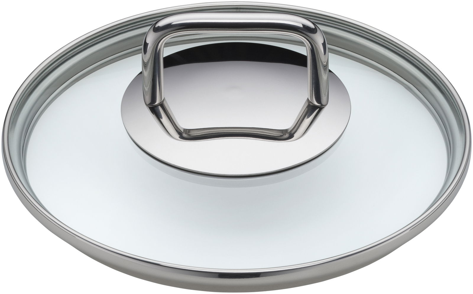 Top-Ansicht eines Glasdeckels mit Edelstahlgriff, Teil eines 6-teiligen Kochgeschirrsets.