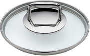 Top-Ansicht eines Glasdeckels mit Edelstahlgriff, Teil eines 6-teiligen Kochgeschirrsets.
