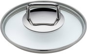 Bovenaanzicht van een glazen deksel met roestvrijstalen handvat, onderdeel van een 6-delige pannenset.