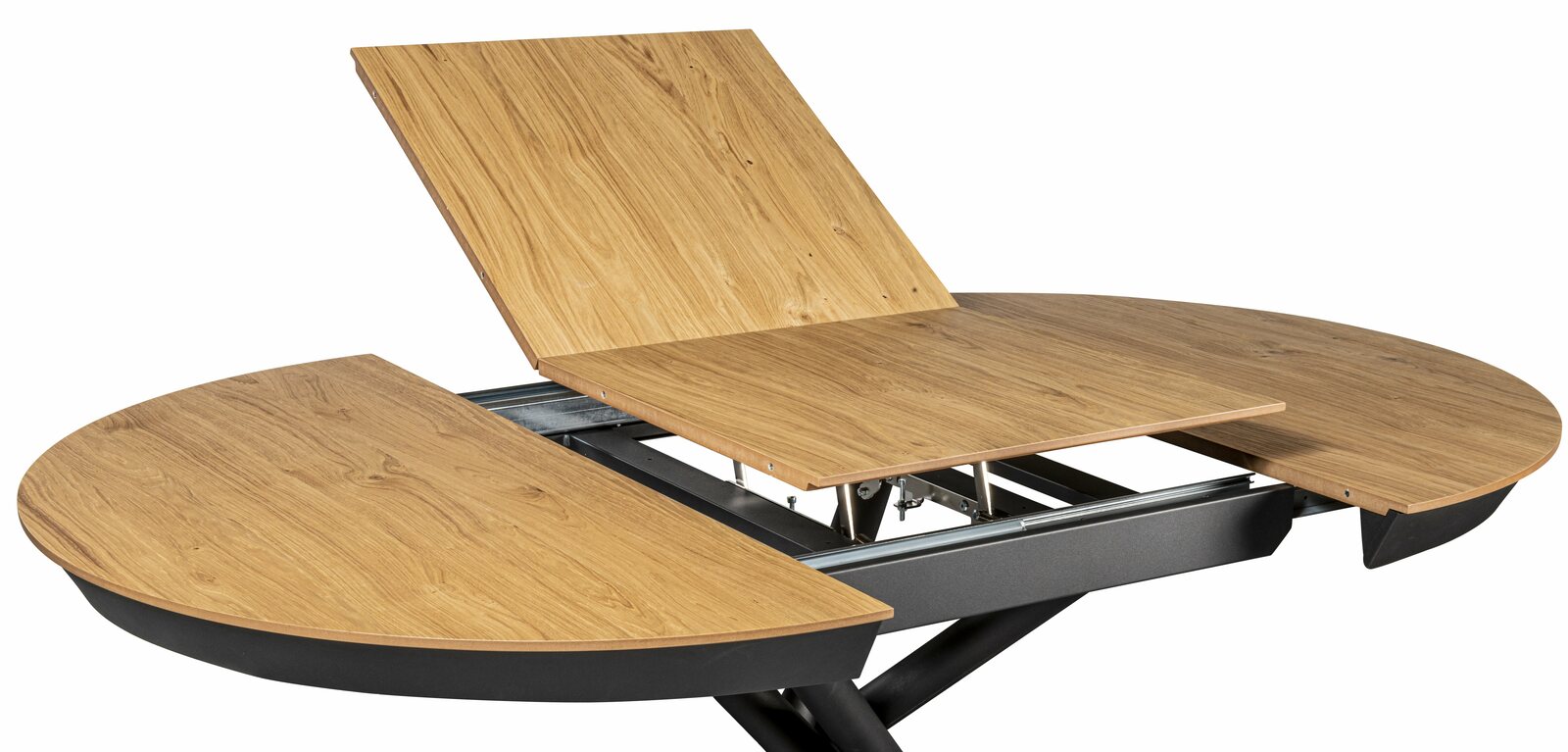 Runder Esstisch mit ausziehbarer Holzplatte in der Mitte, seitliche Perspektive