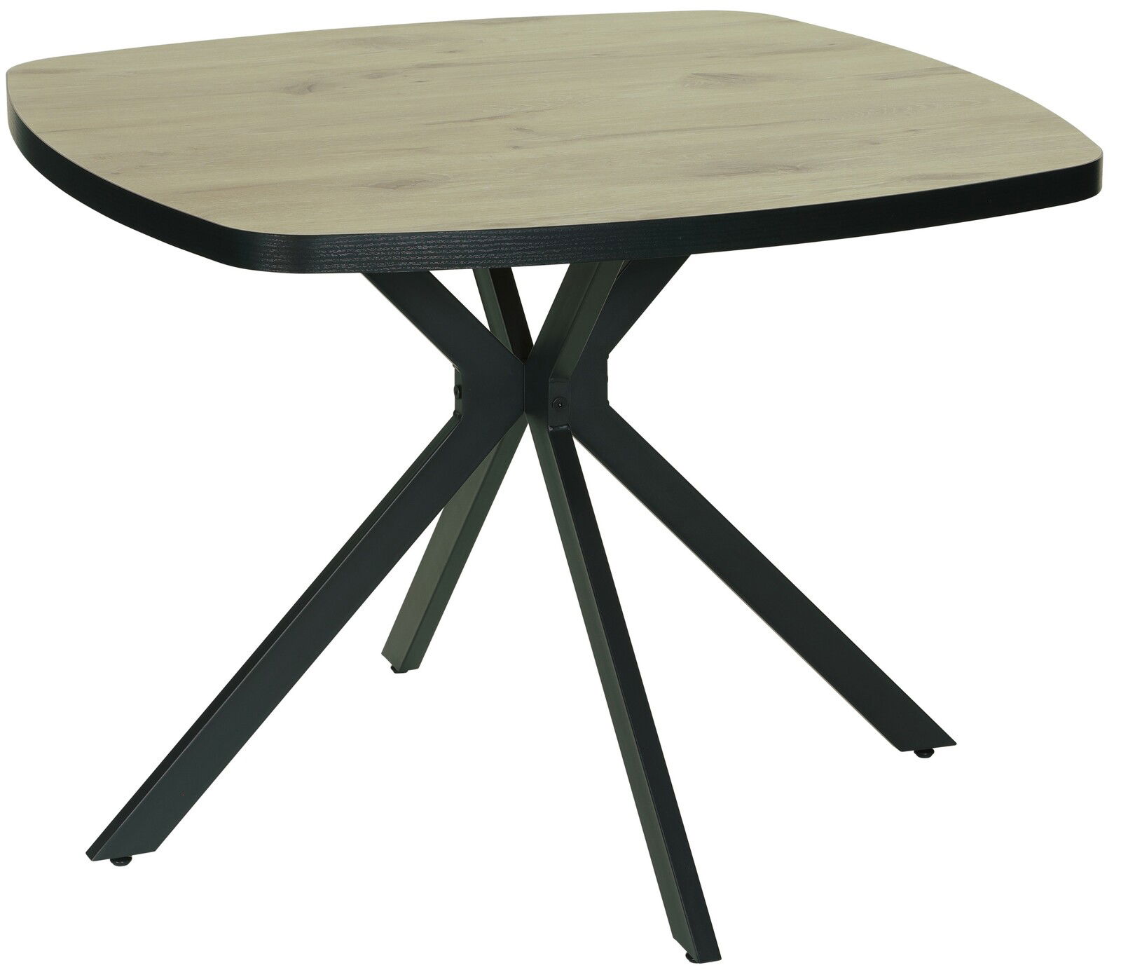 Moderner Esstisch mit quadratischer Holzplatte und schwarzem Metallgestell, seitliche Perspektive