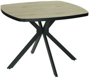 Moderner Esstisch mit quadratischer Holzplatte und schwarzem Metallgestell, seitliche Perspektive