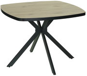 Moderner Esstisch mit quadratischer Holzplatte und schwarzem Metallgestell, seitliche Perspektive