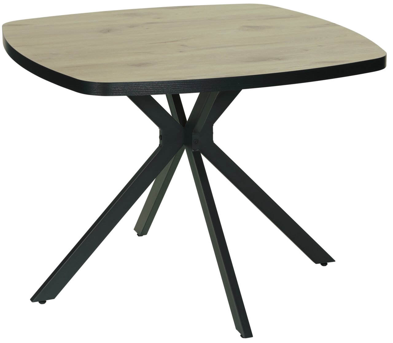 Moderner Esstisch mit quadratischer Holzplatte und schwarzem Metallgestell, seitliche Perspektive