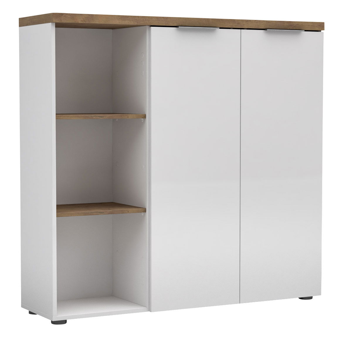 XL-Aktenschrank niedrig in weiß mit zwei Türen und offenen Regalfächern, Perspektive von vorne links