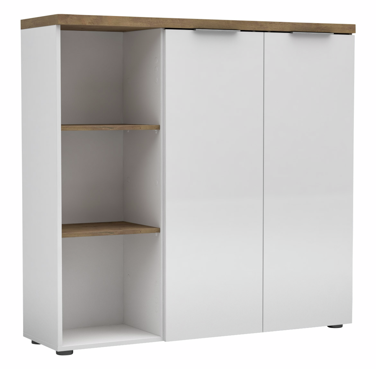 XORA XL-Aktenschrank niedrig IDEA-OFFICE XL-Aktenschrank niedrig in weiß mit zwei Türen und offenen Regalfächern, Perspektive von vorne links
