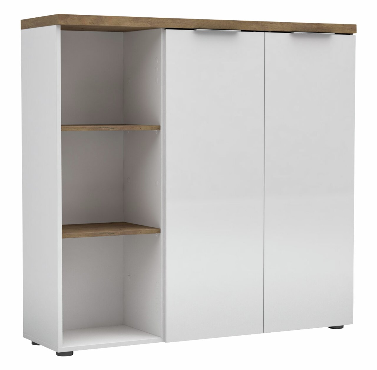 XL-Aktenschrank niedrig in weiß mit zwei Türen und offenen Regalfächern, Perspektive von vorne links